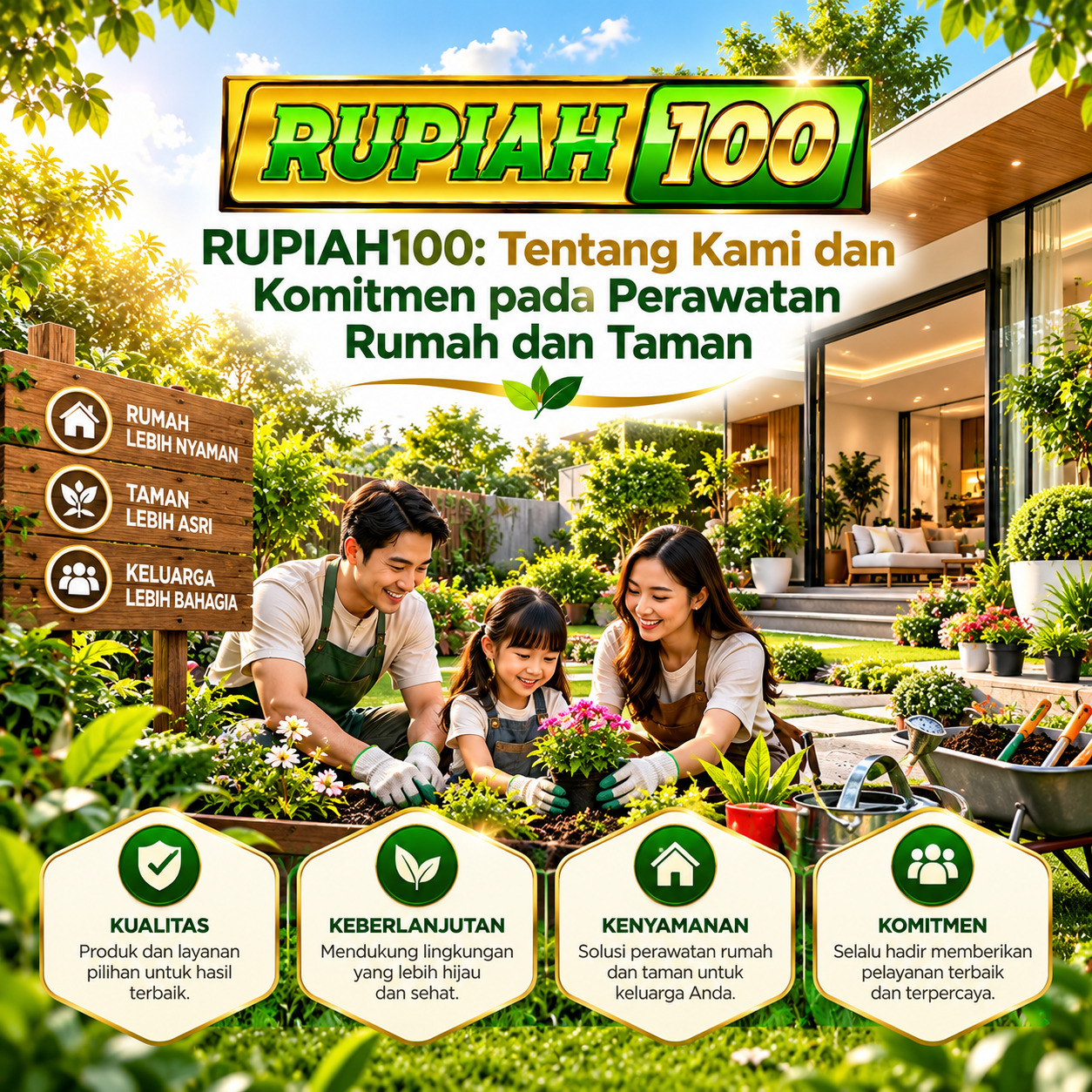 Keluarga RUPIAH100 berkebun bersama di taman rumah yang asri, dengan nilai kualitas, keberlanjutan, kenyamanan, dan komitmen